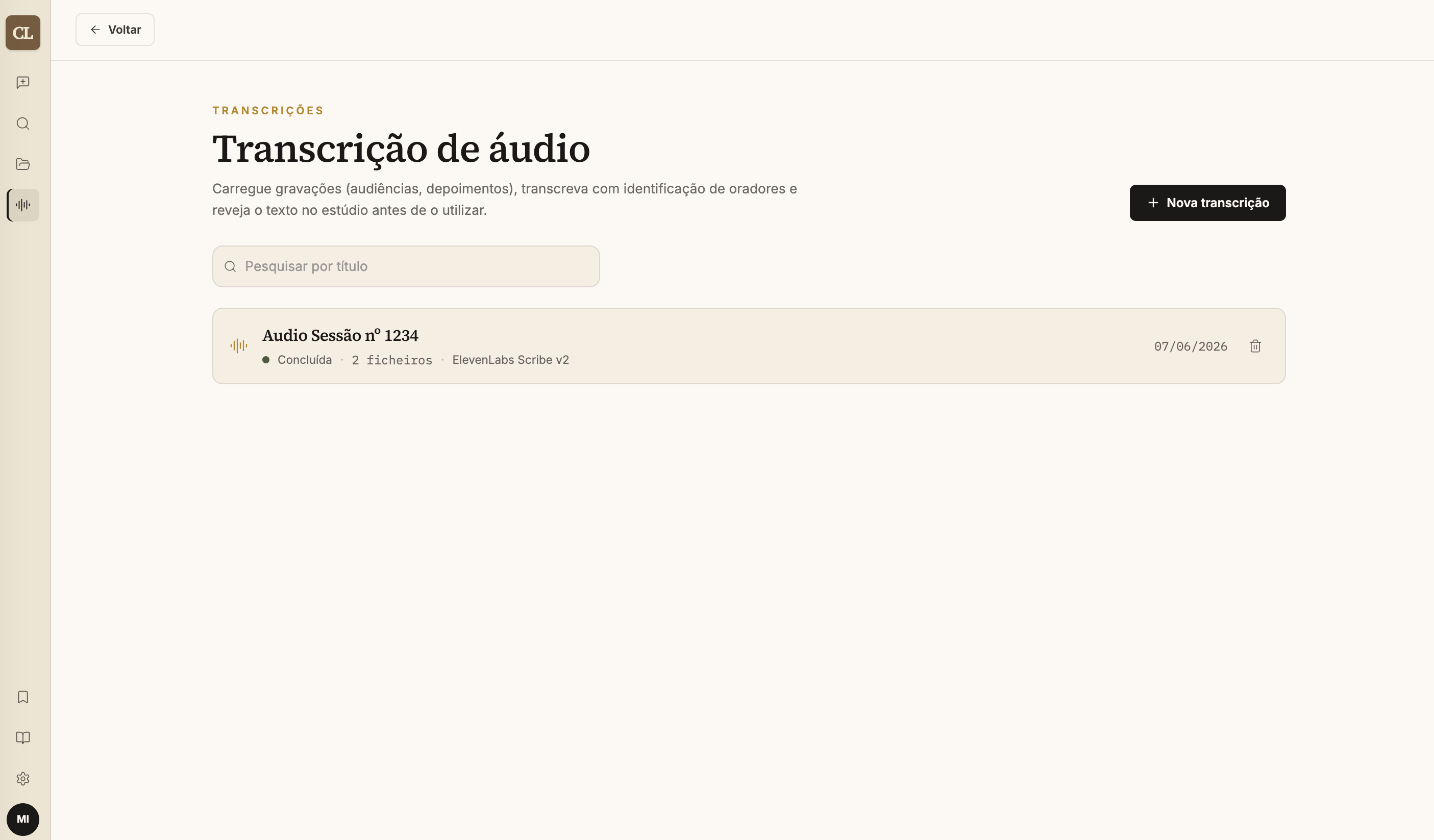 Área de transcrições do ChatLex com uma sessão concluída